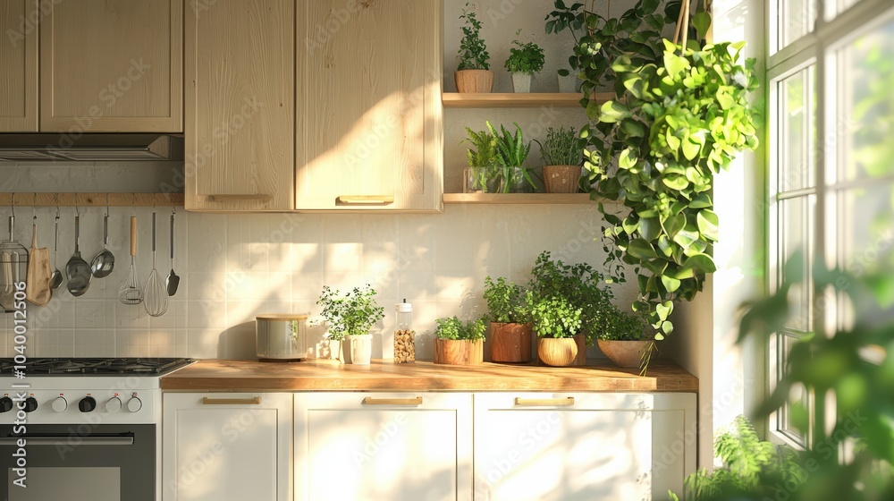 Fototapeta premium A kitchen with a window and a plant hanging from the ceiling