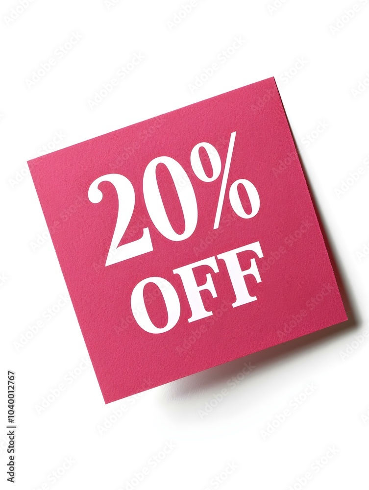 White '20% OFF' Text on a Hot Pink Square Paper Note. White Background White '20% OFF' Text on a Hot Pink Square Paper Note. White Background