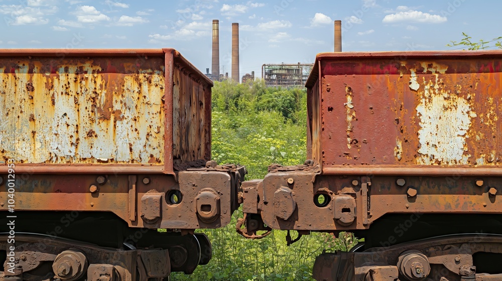 Naklejka premium Two rusty train carriages staying still in front of industrial chimneys