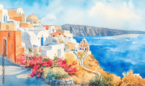 Watercolor View of Oia town and aegean sea in Santorini island in Greece. Cyclades islands, Santorini Greek landscape