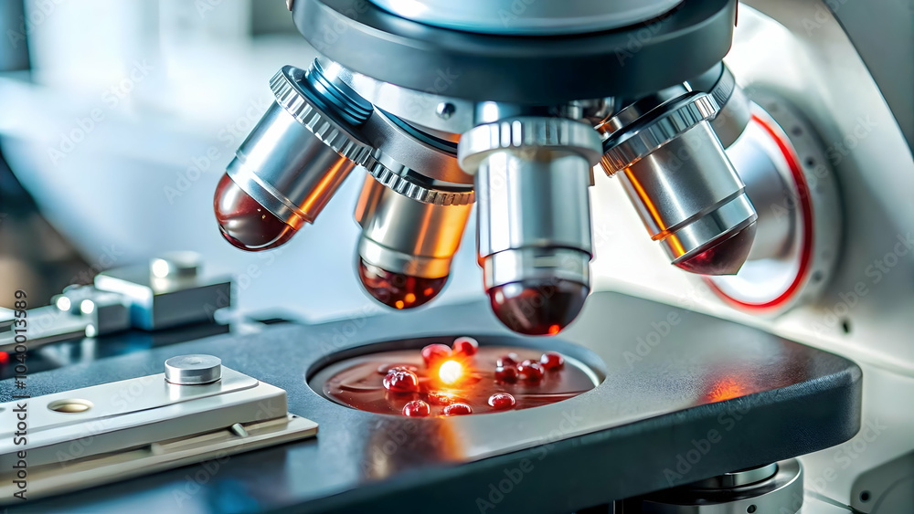 Close up Robotic Microscope Analyzing Blood Sample Macro Image Precision Medical Diagnostics Copy Space Stock Photo Concept Close up Robotic Microscope Analyzing Blood Sample Macro Image Precision Medical Diagnostics Copy Space Stock Photo Concept