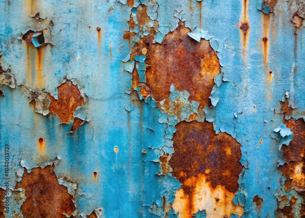 Grunge Worn Metal Texture with Rust and Cracks, Blue Peeling Paint Surface for Industrial Backgrounds and Textures