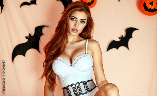 A stunning red-haired woman showcases elegance in a white corset amidst Halloween-themed decor, surrounded by bats and pumpkins, creating a chic visual.