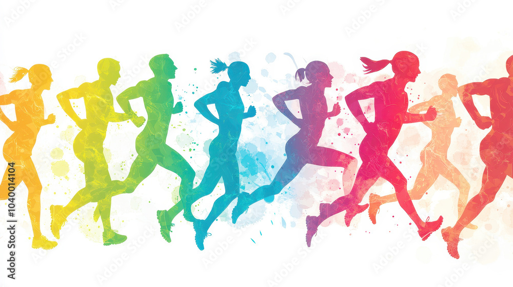 Colorful silhouettes of runners in motion with vibrant energy