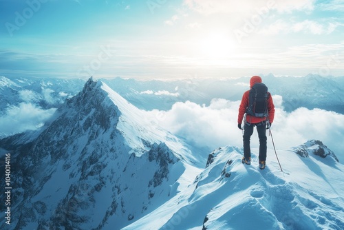 A solitary hiker enjoys breathtaking views from a snowy mountain top at sunrise