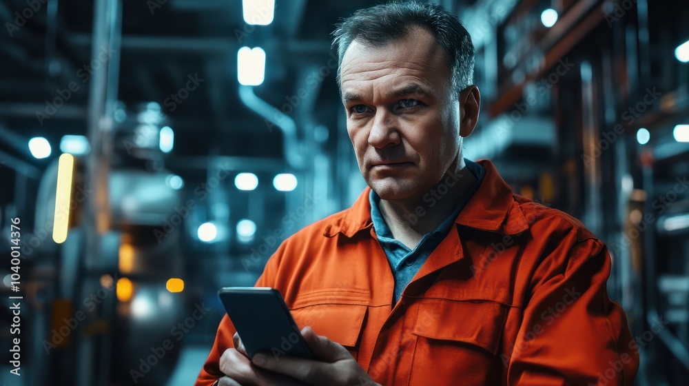 A portrait of an industrial man engineer with smartphone in a factory, working. A portrait of an industrial man engineer with smartphone in a factory, working.