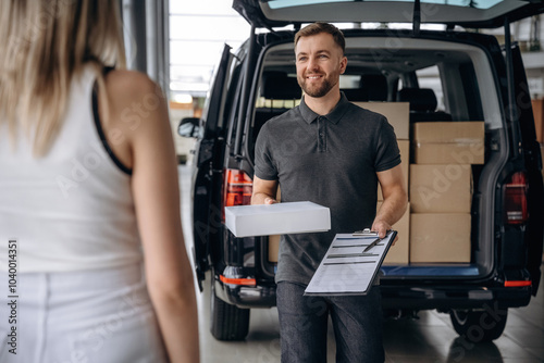 Customer is taking her order. Woman is with delivery man, with the car