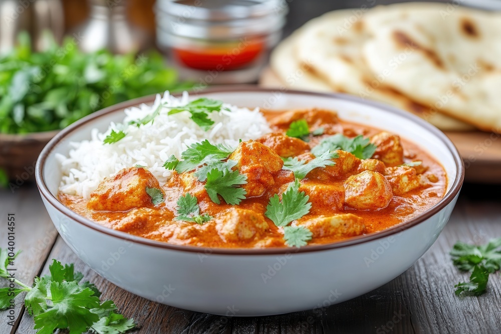 A delectable bowl of creamy chicken curry served with rice and naan, garnished beautifully with fresh green herbs, offering a rich and aromatic flavor experience. A delectable bowl of creamy chicken curry served with rice and naan, garnished beautifully with fresh green herbs, offering a rich and aromatic flavor experience.