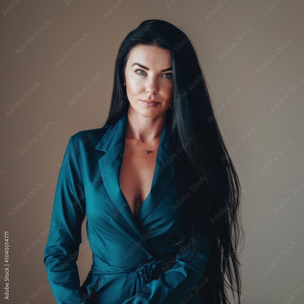 Confident Southeast European woman in her 30s with long dark hair wearing a teal blazer standing against a neutral background