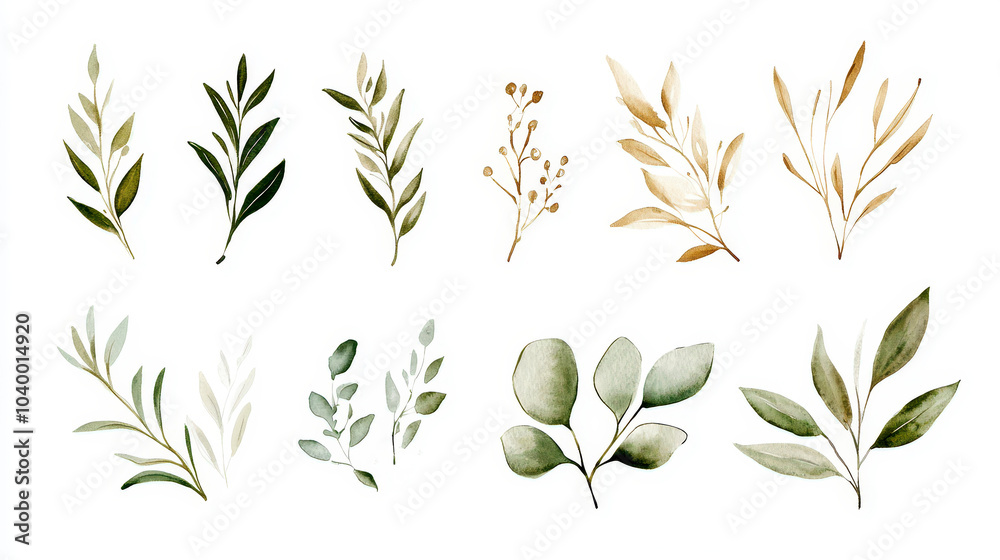 Naklejka premium Watercolor illustration set of green and gold leaf branches