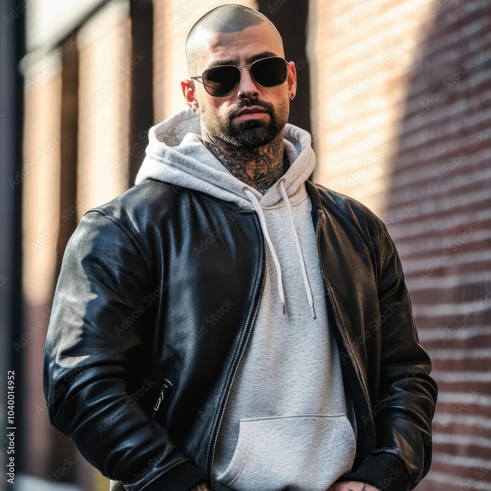 Tough man in urban setting wearing leather jacket and sunglasses Tough man in urban setting wearing leather jacket and sunglasses