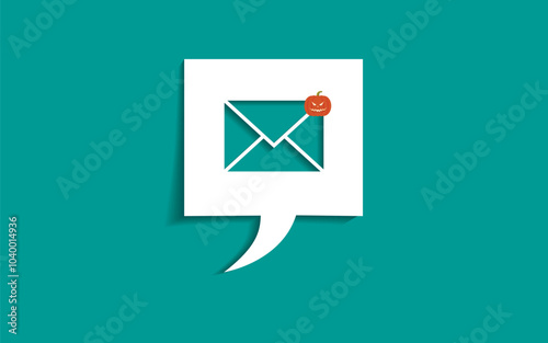 Speech bubble with paper cut out email symbol with pumpkin. Halloween celebration concept. Vector.