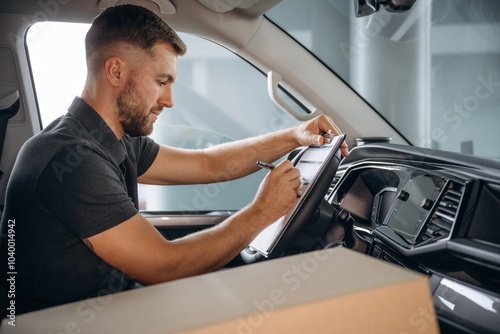 Writing in the notepad document. The delivery man or a loader is in the car with box