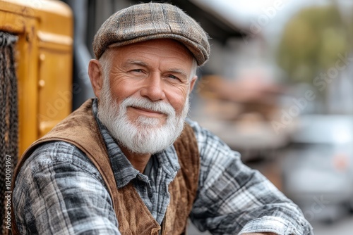 An elderly man with a friendly smile and a plaid shirt stands near a truck yard, capturing warmth, experience, and the passage of time, framed in a classic vintage perspective.