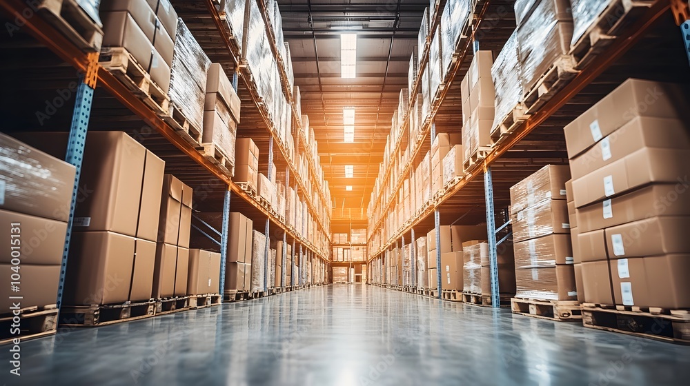 Fototapeta premium Organized Warehouse Interior with Neatly Stacked Boxes,Modern Logistic Facility Design