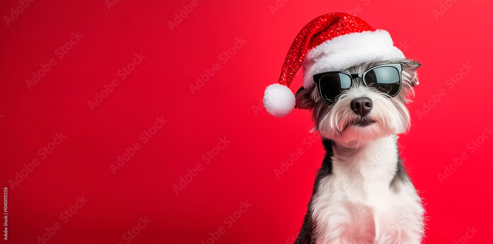 A cute Terrier dog wearing a Santa hat and sunglasses, standing against a vibrant red background, exuding festive holiday spirit A cute Terrier dog wearing a Santa hat and sunglasses, standing against a vibrant red background, exuding festive holiday spirit