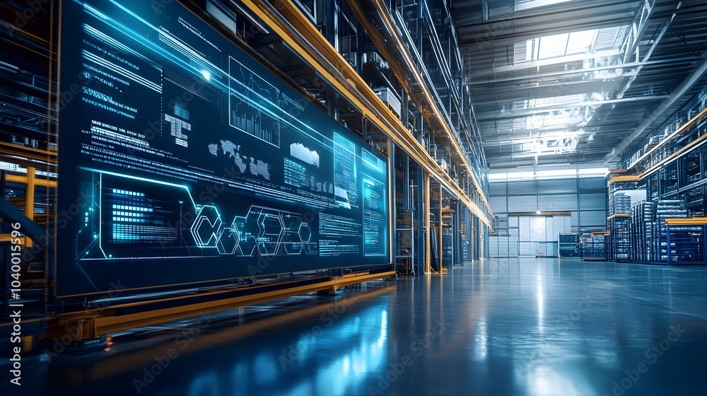 Fototapeta premium Futuristic Warehouse Interior with Digital Screens Showcasing Inventory and Logistics Management
