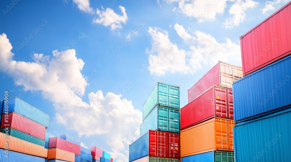 Fototapeta premium Stacked colorful cargo containers forming wall under blue sky