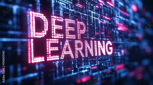 Digital representation of deep learning with neon text and circuit patterns.