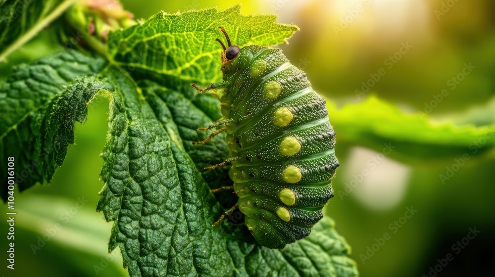 Close-up of green caterpillar on leaf, nature background with copy space Close-up of green caterpillar on leaf, nature background with copy space