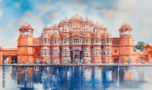 Watercolor The Historic and Beautiful Wind palace of Jaipur also known as hawamahal