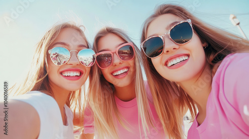 Group of young women taking a selfie and smiling outdoors