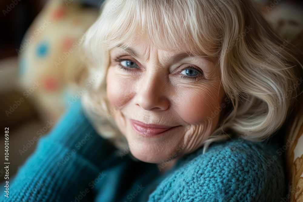 Close-up portrait of a senior woman with light blonde hair and blue eyes, smiling warmly while sitting comfortably indoors in a cozy setting Close-up portrait of a senior woman with light blonde hair and blue eyes, smiling warmly while sitting comfortably indoors in a cozy setting