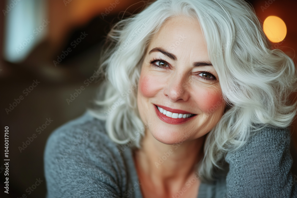 Close-up portrait of a joyful middle-aged woman with curly grey hair, smiling warmly in a cozy indoor setting with soft, warm lighting Close-up portrait of a joyful middle-aged woman with curly grey hair, smiling warmly in a cozy indoor setting with soft, warm lighting
