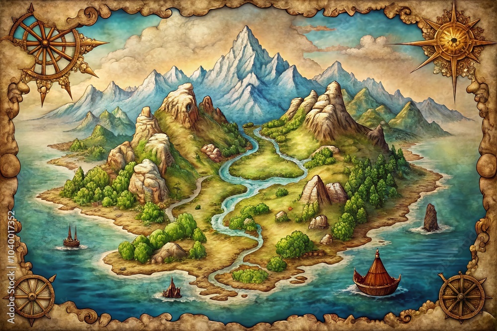 Fototapeta premium Hand-Drawn Fantasy Island Map with Mountain and Swirling Waters for Landscape Photography