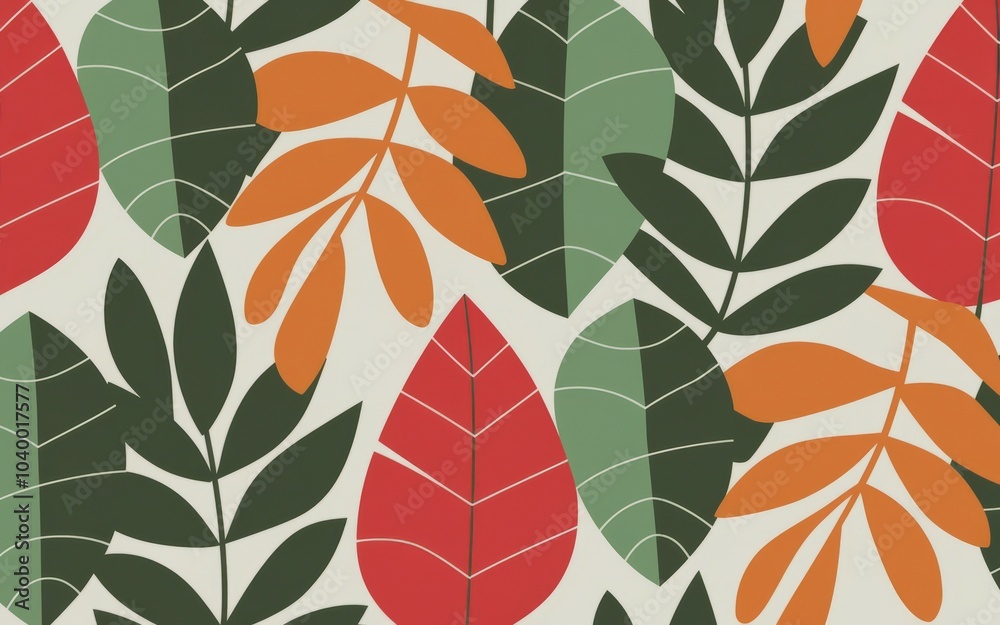 custom made wallpaper toronto digitalColorful leaf pattern. Abstract seamless pattern featuring colorful leaves in red, orange, green, and beige. The pattern evokes a feeling of growth and nature.