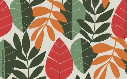 Wallpaper Mural Colorful leaf pattern. Abstract seamless pattern featuring colorful leaves in red, orange, green, and beige. The pattern evokes a feeling of growth and nature. Torontodigital.ca