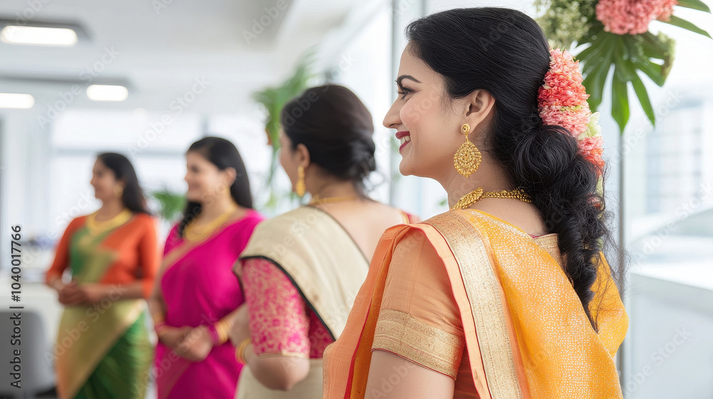 Women in traditional attire celebrating Diwali at modern office Women in traditional attire celebrating Diwali at modern office