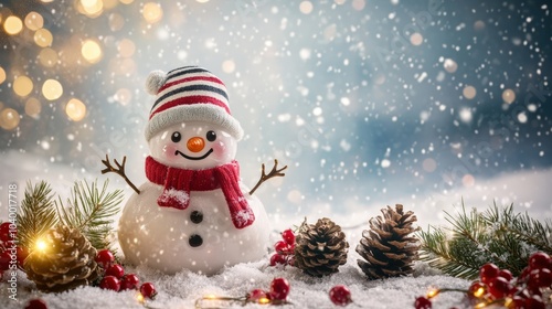 Festive Snowman with Red Scarf and Hat Amid Christmas Decorations 