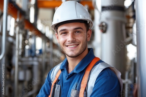 A young male worker wearing a helmet and safety gear stands confidently in a busy factory, showcasing a warm smile. The industrial setting highlights various machinery and equipment in the background, photo