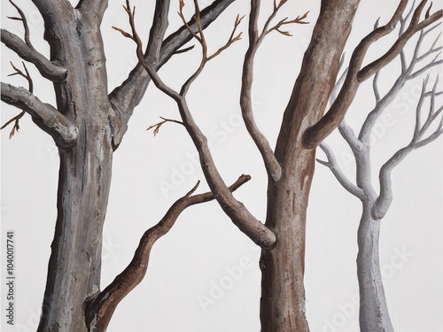 Weathered tree branches hand drawn painted painting illustration on plain white background