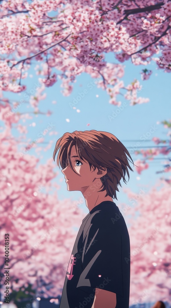 A young person stands amidst blooming cherry blossoms, reflecting in a serene environment. A young person stands amidst blooming cherry blossoms, reflecting in a serene environment.