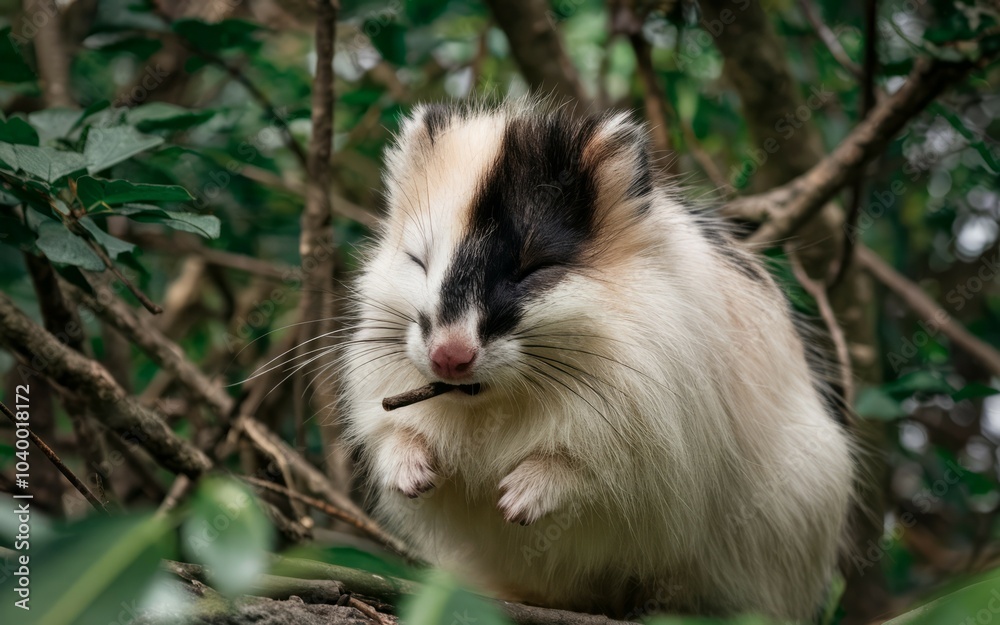 Cute animal in tree. Adorable small mammal with black and white fur resting in a tree, holding a twig in its mouth. The image evokes a sense of peace and tranquility. Cute animal in tree. Adorable small mammal with black and white fur resting in a tree, holding a twig in its mouth. The image evokes a sense of peace and tranquility.