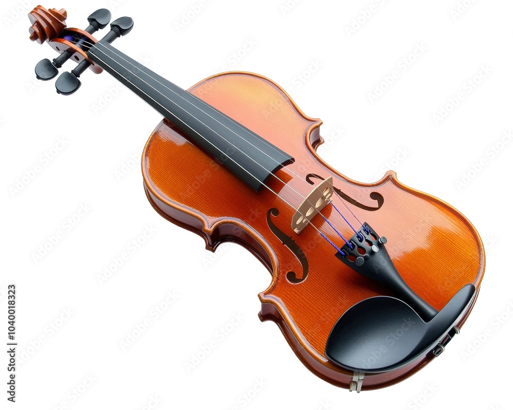 Fototapeta premium A violin is shown in a white background. The violin is brown and black. The strings are black