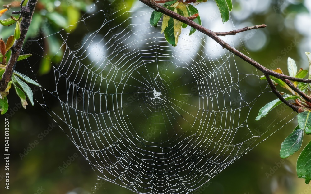 custom made wallpaper toronto digitalDewy spiderweb in nature. A delicate spiderweb, glistening with morning dew, hangs between branches, showcasing the intricate beauty of nature's artistry.