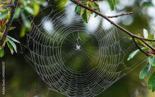 Wallpaper Mural Dewy spiderweb in nature. A delicate spiderweb, glistening with morning dew, hangs between branches, showcasing the intricate beauty of nature's artistry. Torontodigital.ca