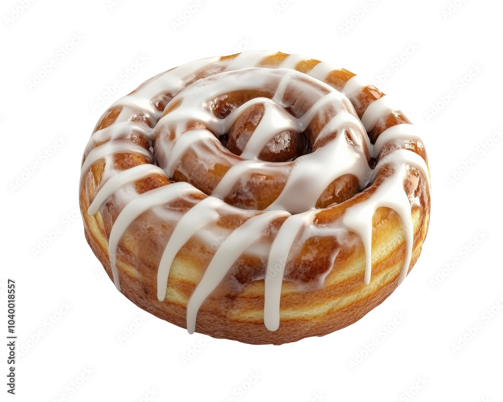 Fototapeta premium A cinnamon roll with icing on top. The icing is white and the roll is brown. The roll is sitting on a white background