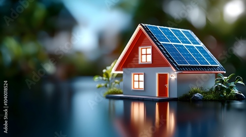 Glowing neon house icon with solar panels on the roof set against a black background illustrating the concept of renewable energy and sustainable electricity for a modern eco friendly future