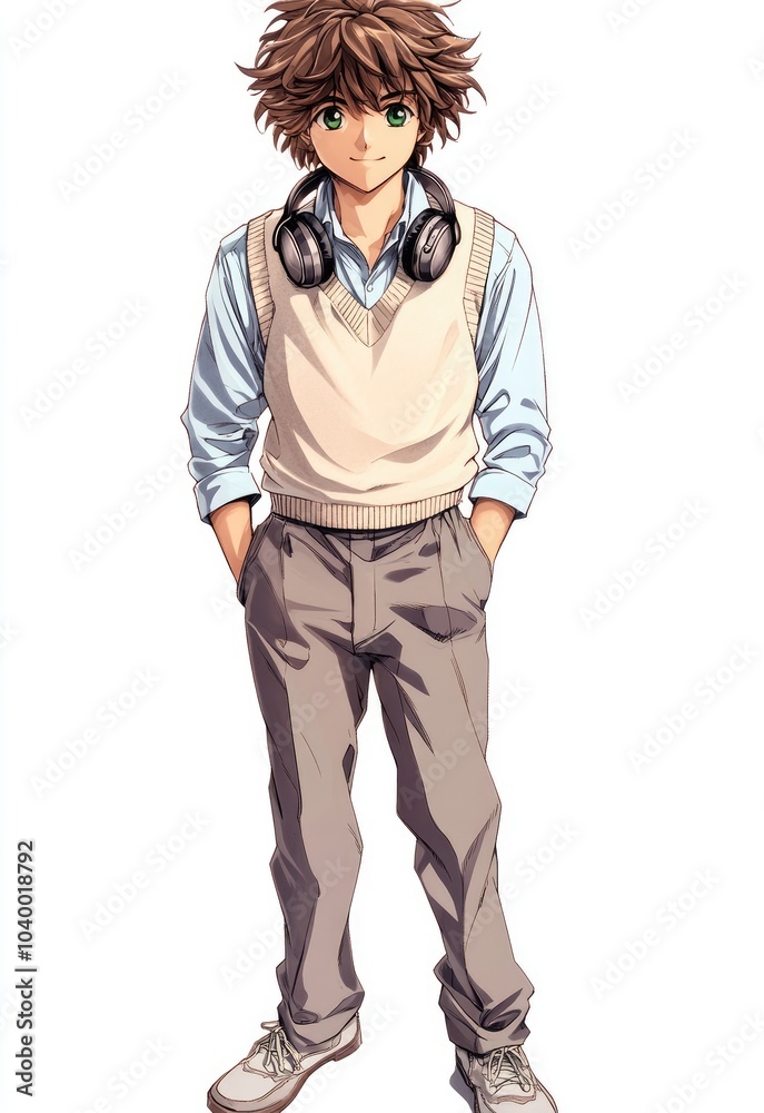 A young male character with headphones, dressed casually in a sweater and pants, standing confidently. A young male character with headphones, dressed casually in a sweater and pants, standing confidently.
