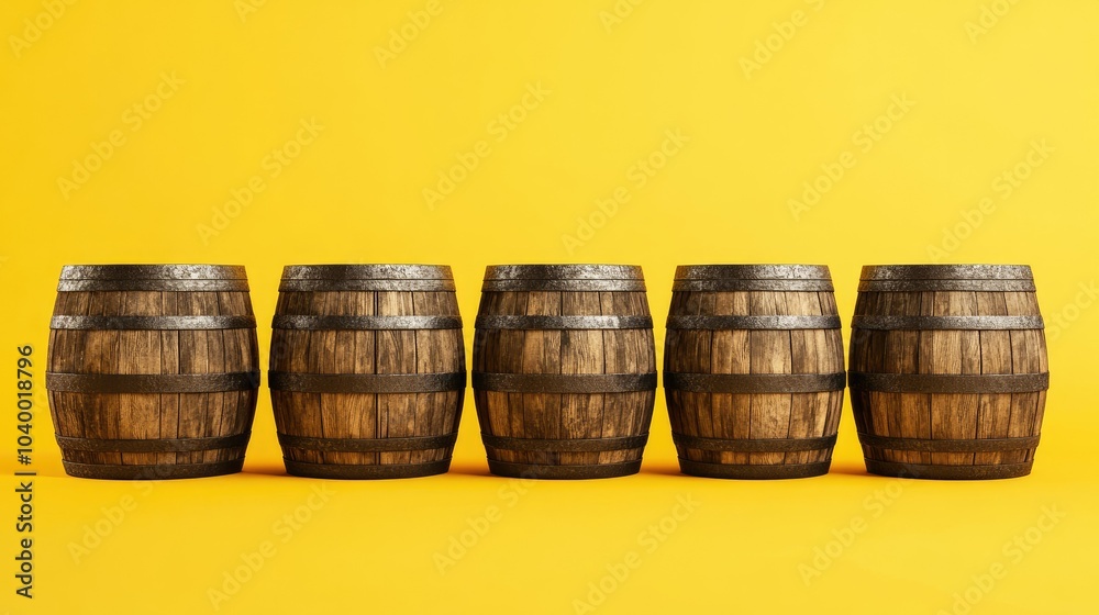 A group of wooden barrels with metal bands, arranged in a line on a bold yellow background. A group of wooden barrels with metal bands, arranged in a line on a bold yellow background.