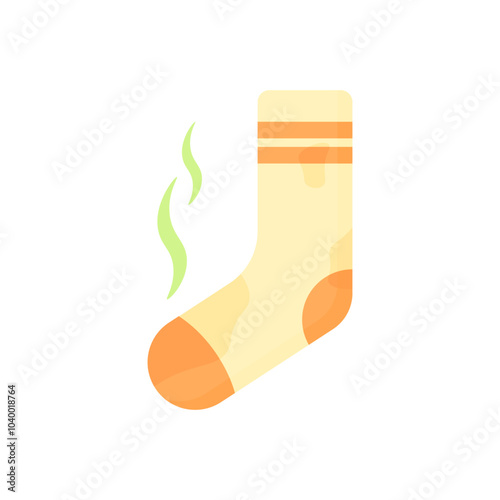 Dirty sock in cartoon style on a white isolated background. The sock smells bad with dirty stains. Dirty laundry symbol