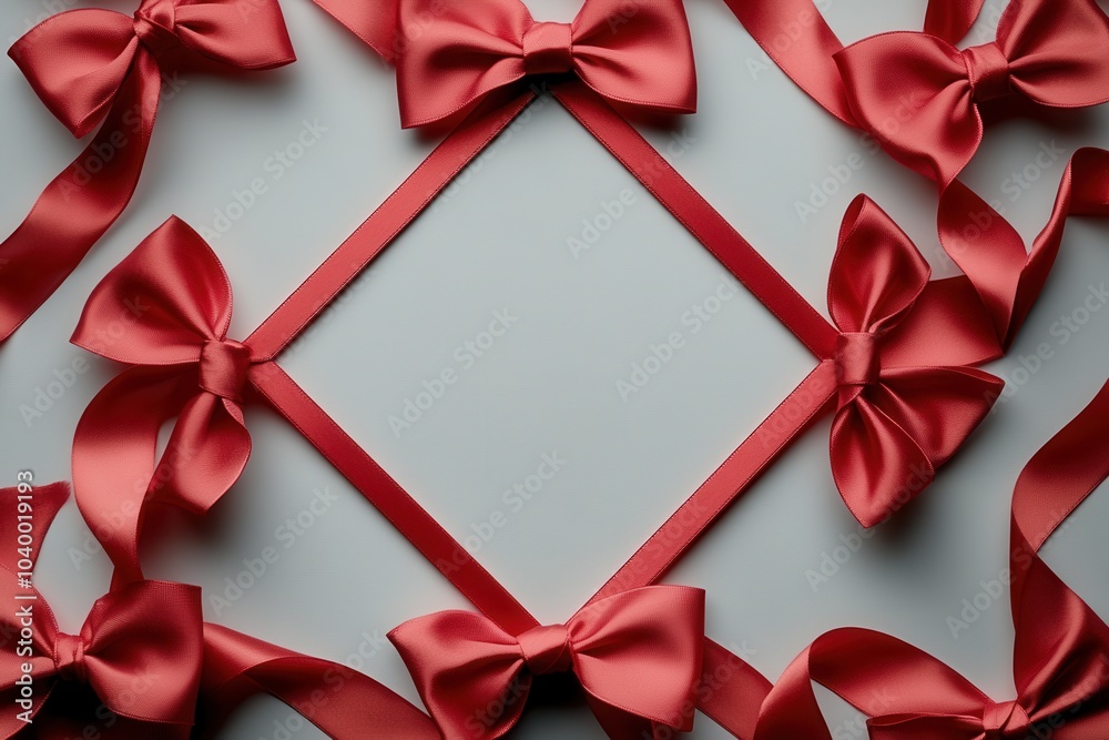 A decorative arrangement of red satin bows and ribbons forms a cohesive pattern on a light background. The vibrant color and smooth texture suggest a festive atmosphere, ideal for celebrations or gift A decorative arrangement of red satin bows and ribbons forms a cohesive pattern on a light background. The vibrant color and smooth texture suggest a festive atmosphere, ideal for celebrations or gift