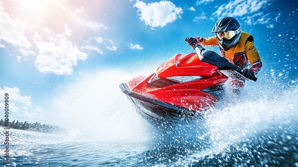 A jet ski speeding across the crystal-clear ocean, leaving a white trail of foam behind.