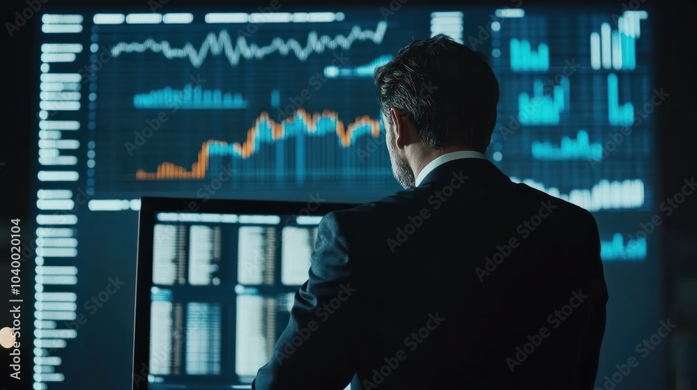 Fototapeta premium Banking business, finance and investment concept. Businessman analyzing market data, financial graph report, economic growth, business strategy, planning and solution, risk management.
