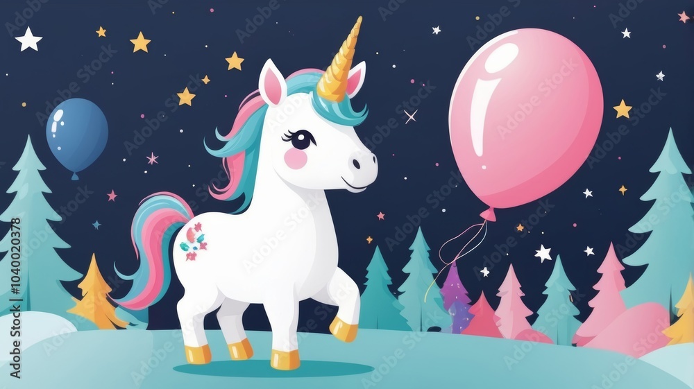 Fototapeta premium A whimsical cartoon unicorn surrounded by colorful balloons floating in a starry night sky.