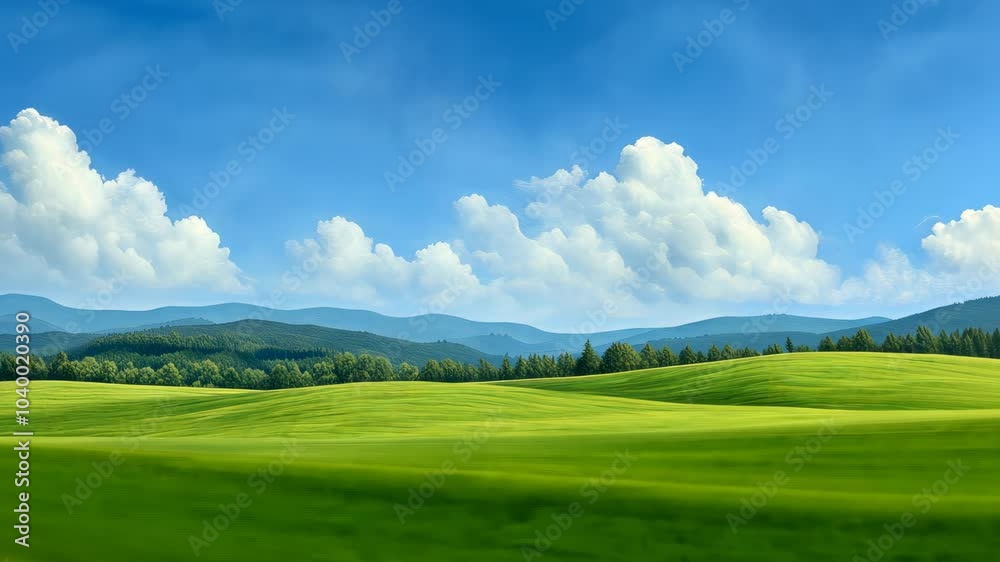 Scenic Landscape with Green Rolling Hills, Blue Sky, and Fluffy Clouds, Perfect for Nature Themes, Springtime Inspiration, Digital Artwork, Serene Countryside Views Scenic Landscape with Green Rolling Hills, Blue Sky, and Fluffy Clouds, Perfect for Nature Themes, Springtime Inspiration, Digital Artwork, Serene Countryside Views